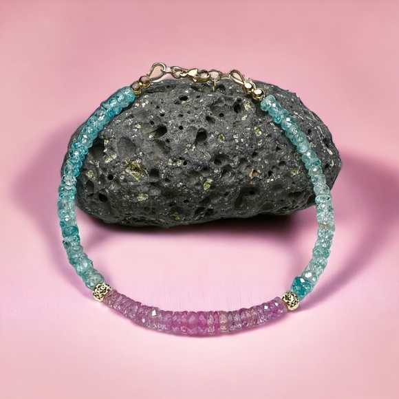 Handcrafted Natural Blue Zircon & Pink Sapphire Bracelet | Solid 14K Gold 7.25" - Picture 1 of 7